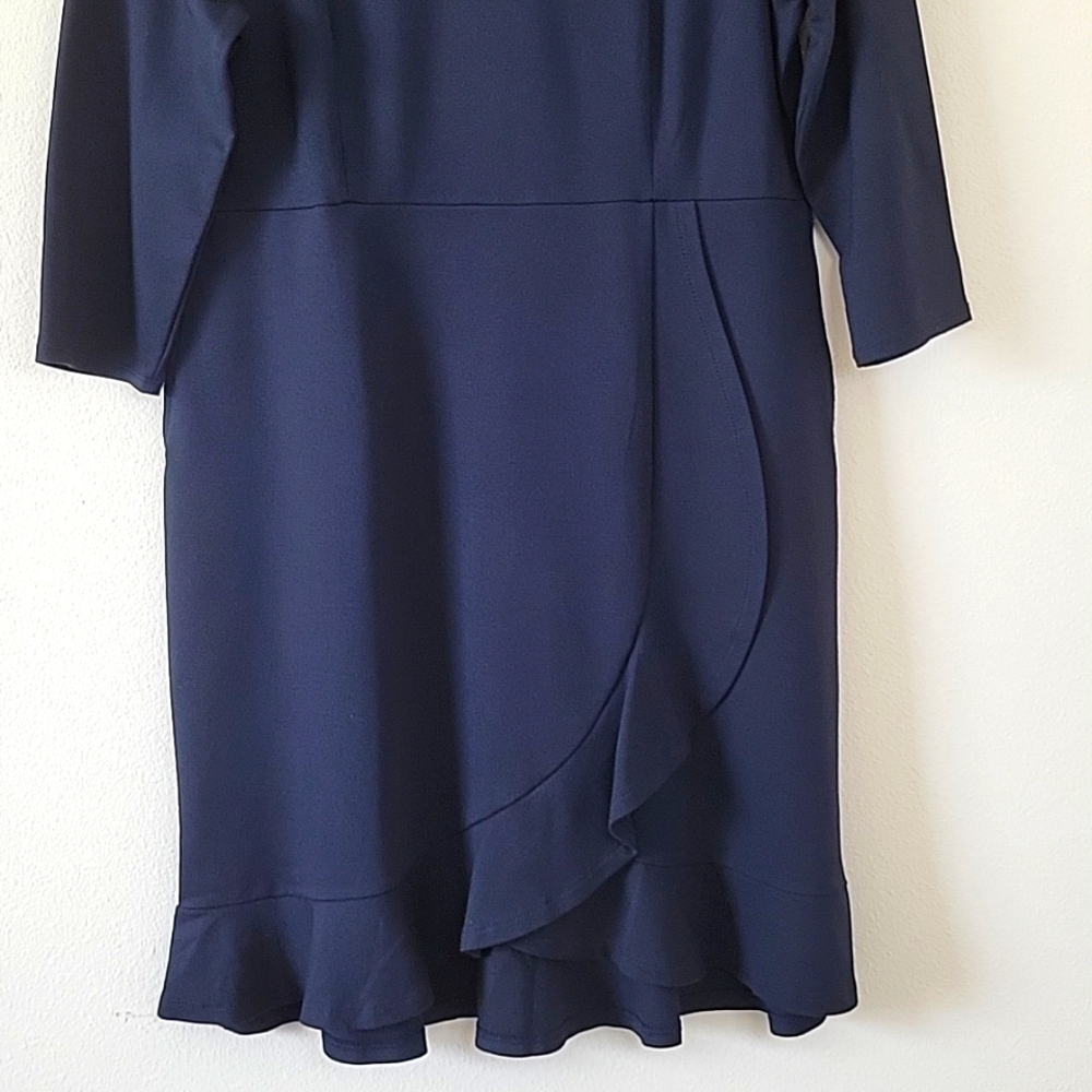 J Jill Navy Blue Ponte Ruffle Wrap Dress Size Medium Petite MP - Picture 4 of 10